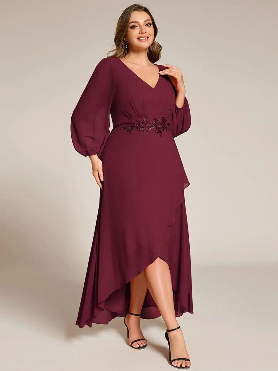 Nora | Plus Size V-Neck Long Sleeves Chiffon Formal Evening Dress with Applique