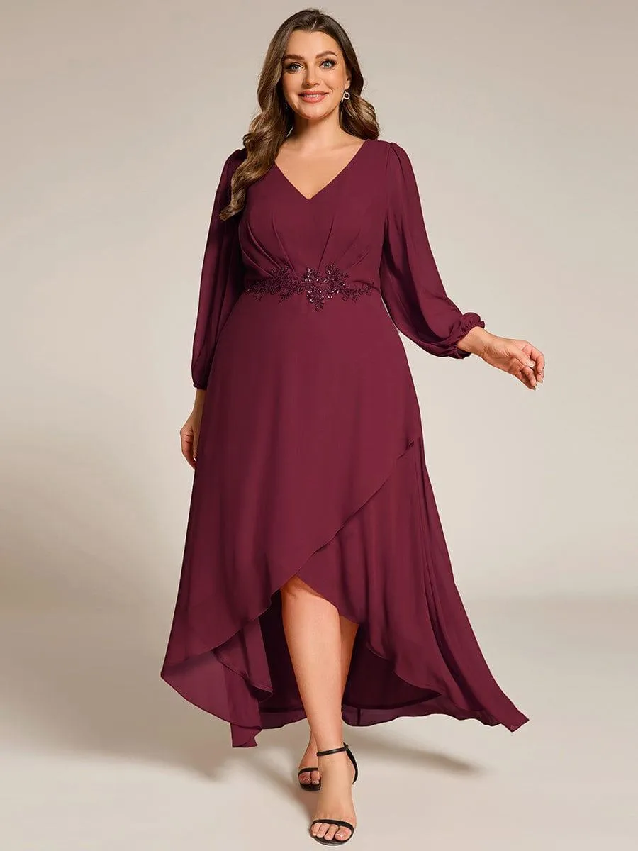 Nora | Plus Size V-Neck Long Sleeves Chiffon Formal Evening Dress with Applique