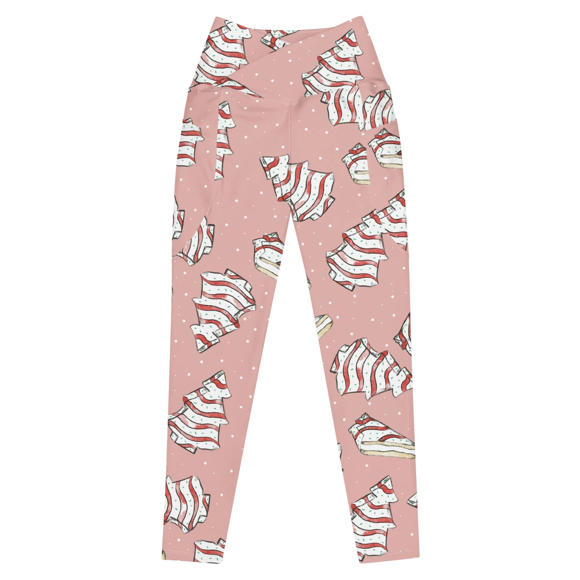 Pink Christmas Cakes Crossover leggings with pockets