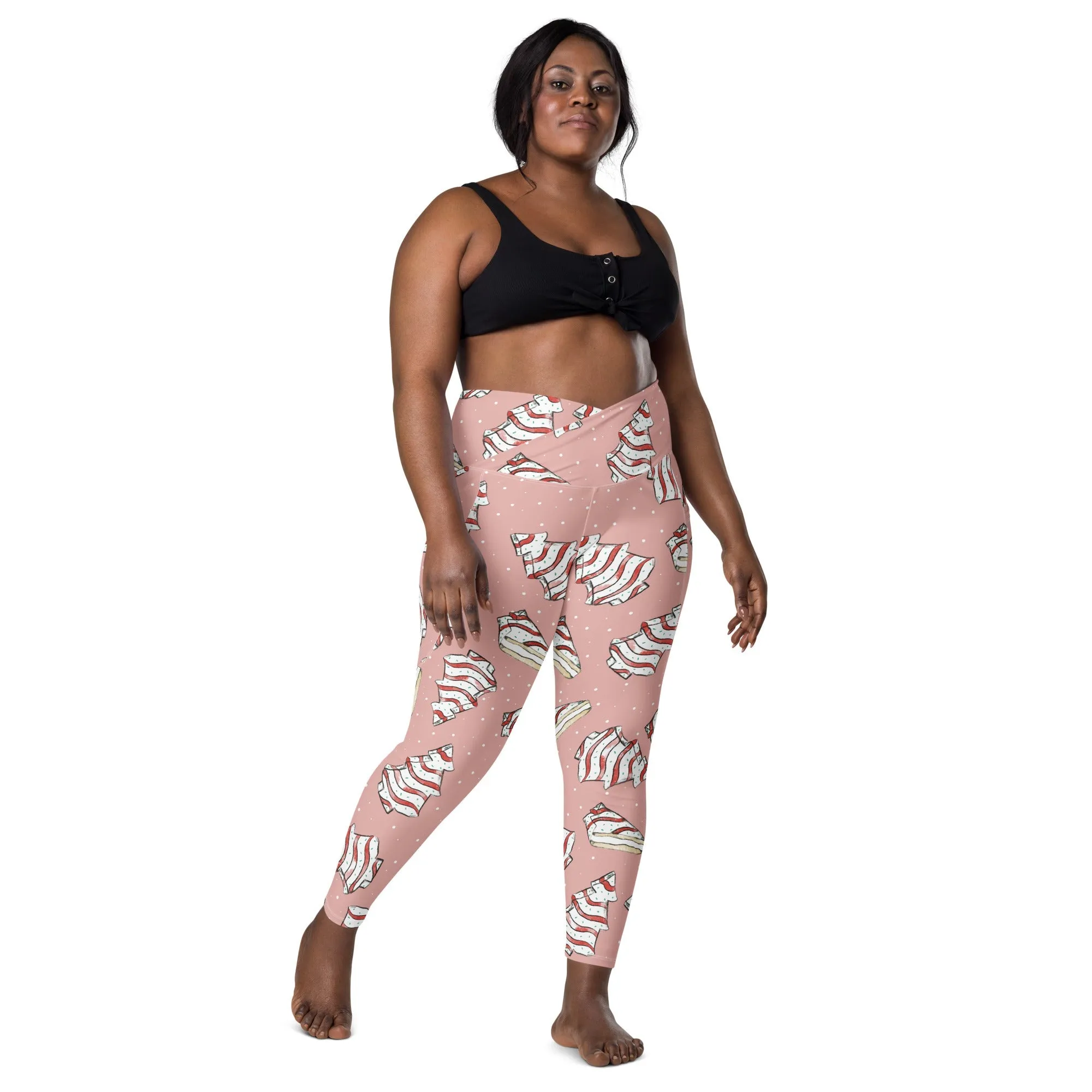 Pink Christmas Cakes Crossover leggings with pockets