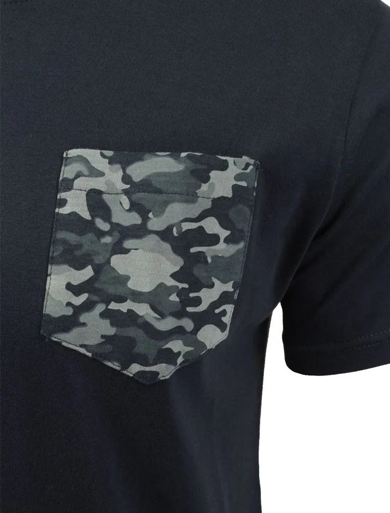 PulpD Cotton T-Shirt With Camo Chest Pocket in Navy