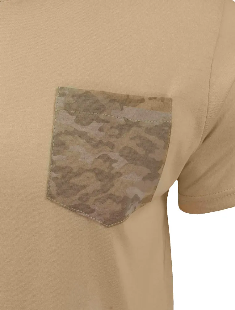 PulpD Cotton T-Shirt With Camo Chest Pocket in Stone