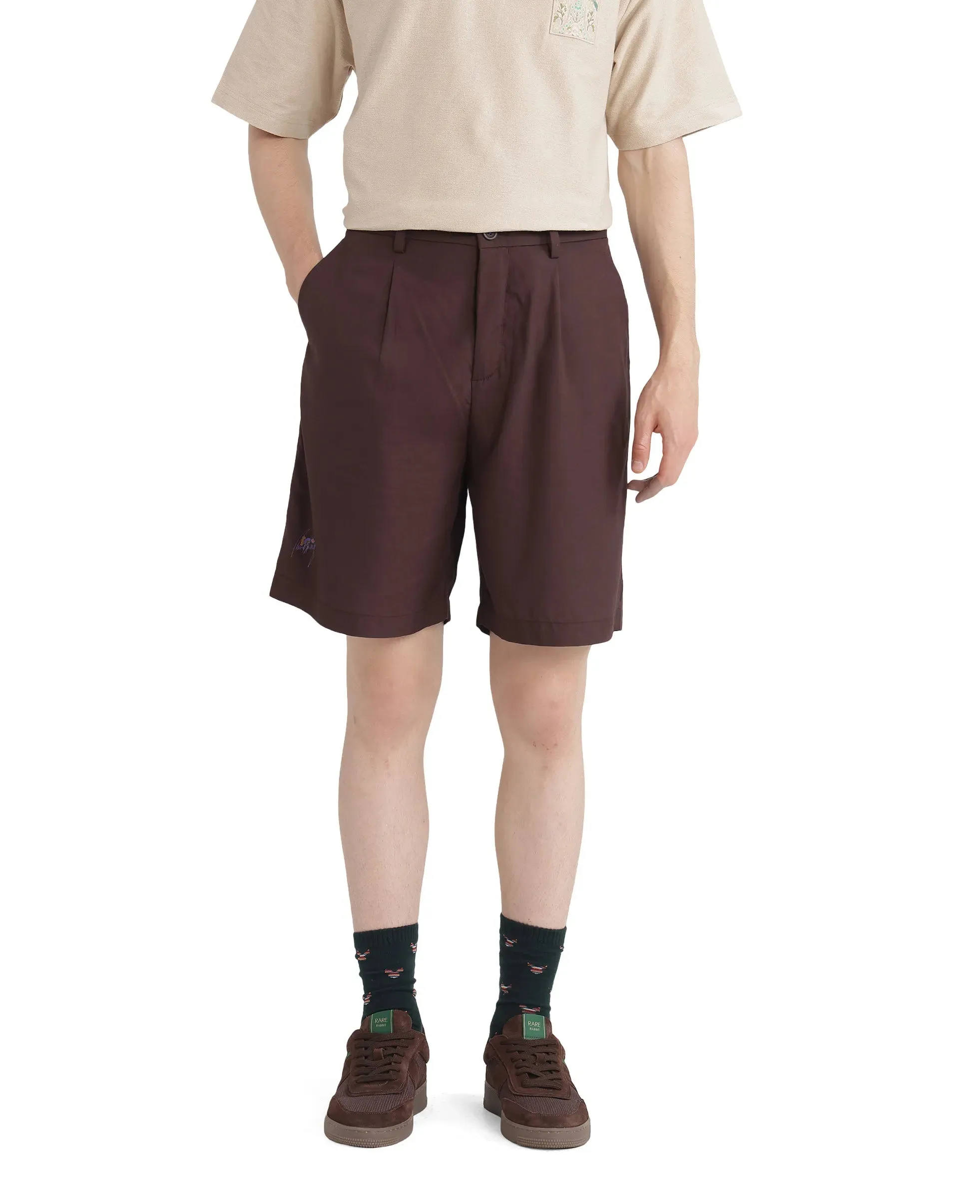 Rare Rabbit Men's Carn-B Brown Button Closure Regular Fit Plain Shorts