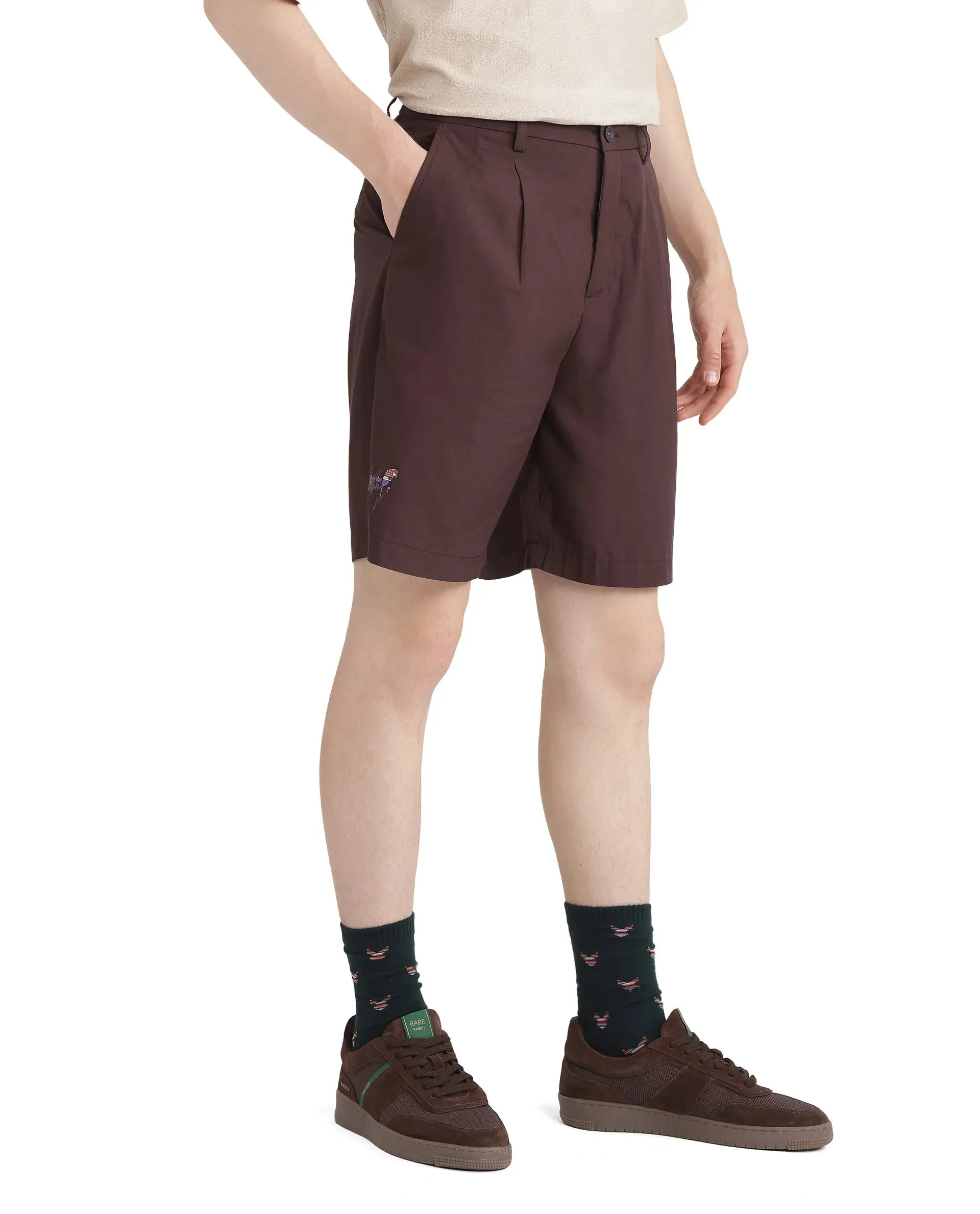 Rare Rabbit Men's Carn-B Brown Button Closure Regular Fit Plain Shorts