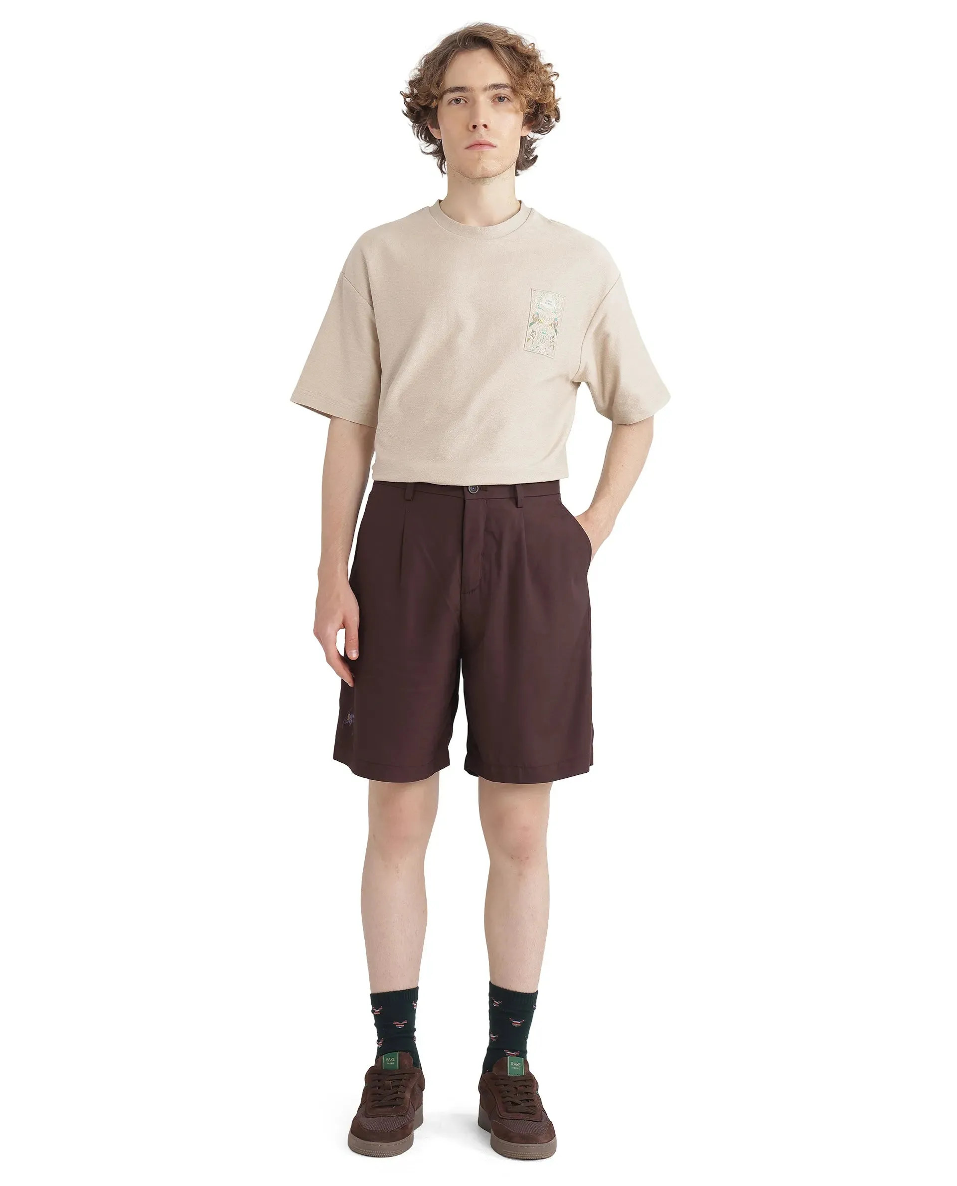 Rare Rabbit Men's Carn-B Brown Button Closure Regular Fit Plain Shorts