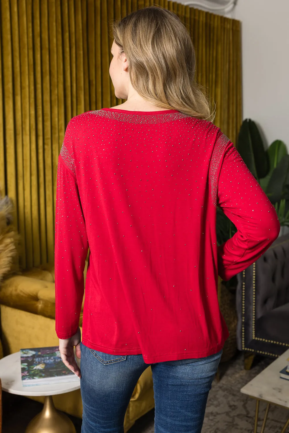 Red Long Sleeve V-Neck Top w/ Rhinestone Details