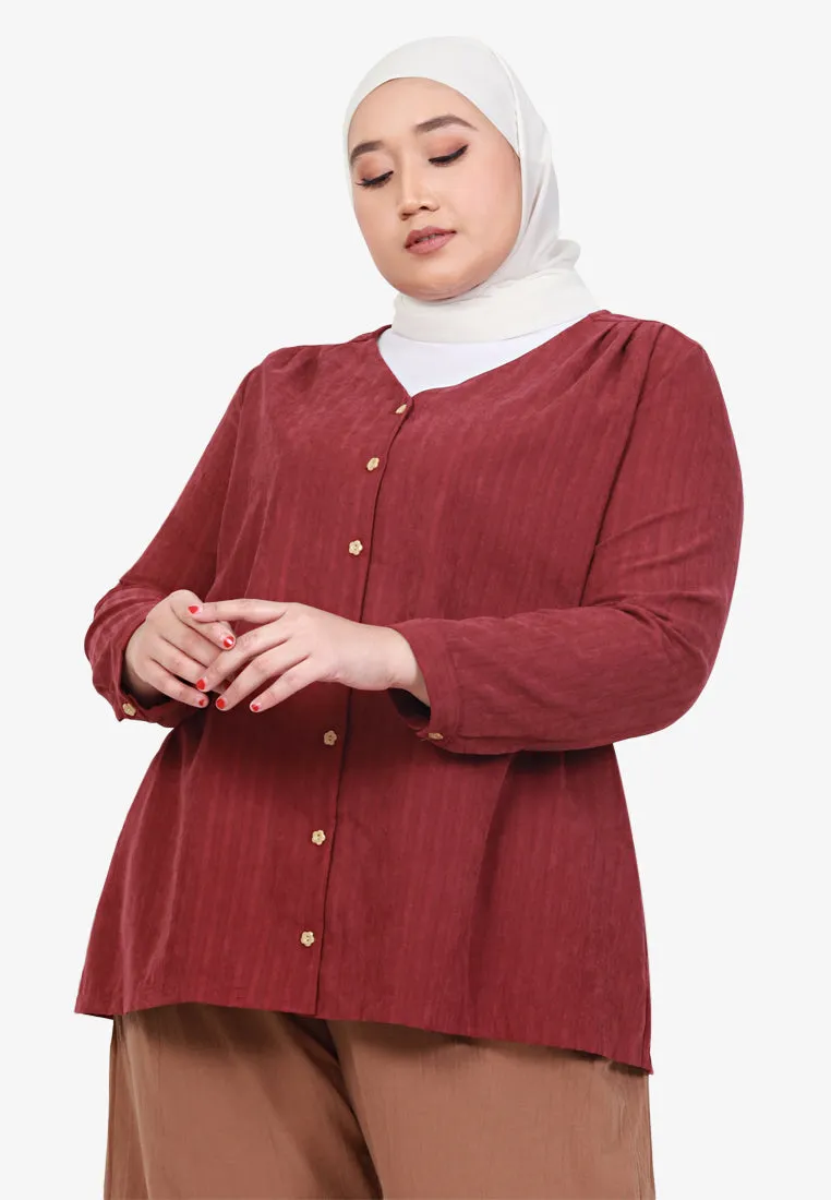 Siara Embroidery Stripes V-neck Blouse - Maroon