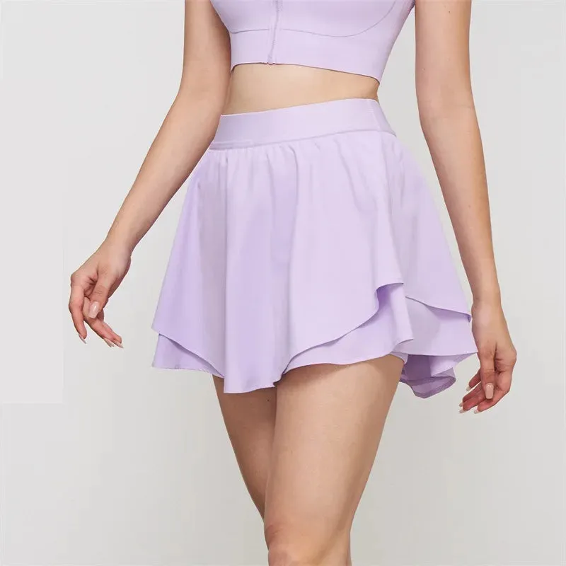 Solid Color Gym Short Skirt Women Fitness Tennis Dress Bodysuit Sbreathable Sweat-wicking One Piece Pockets Golf Tennis Training