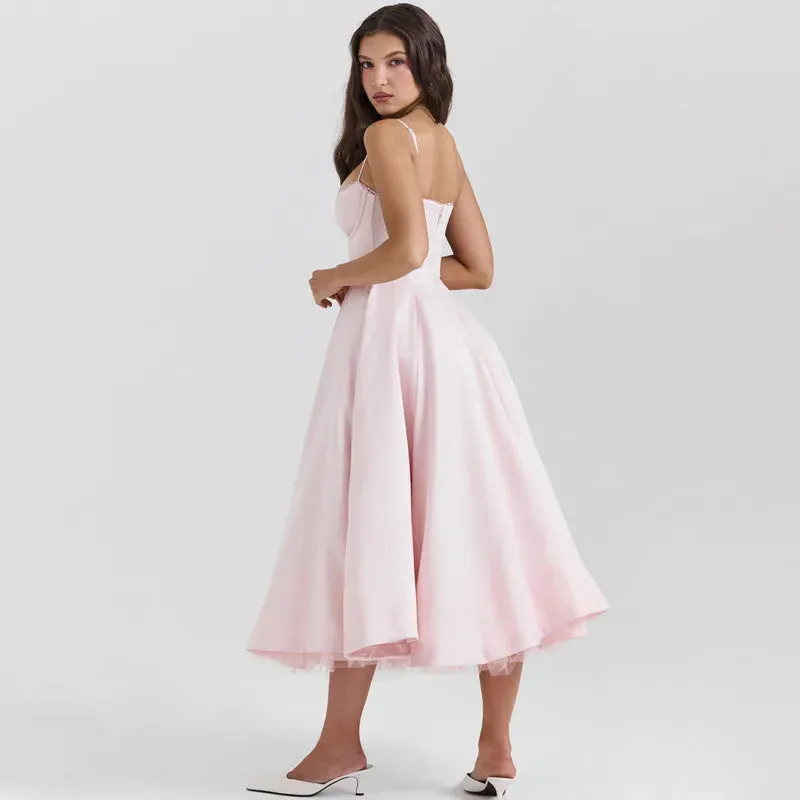 Solid Pink Spaghetti Strap Graceful Evening Gowns Midi Dress