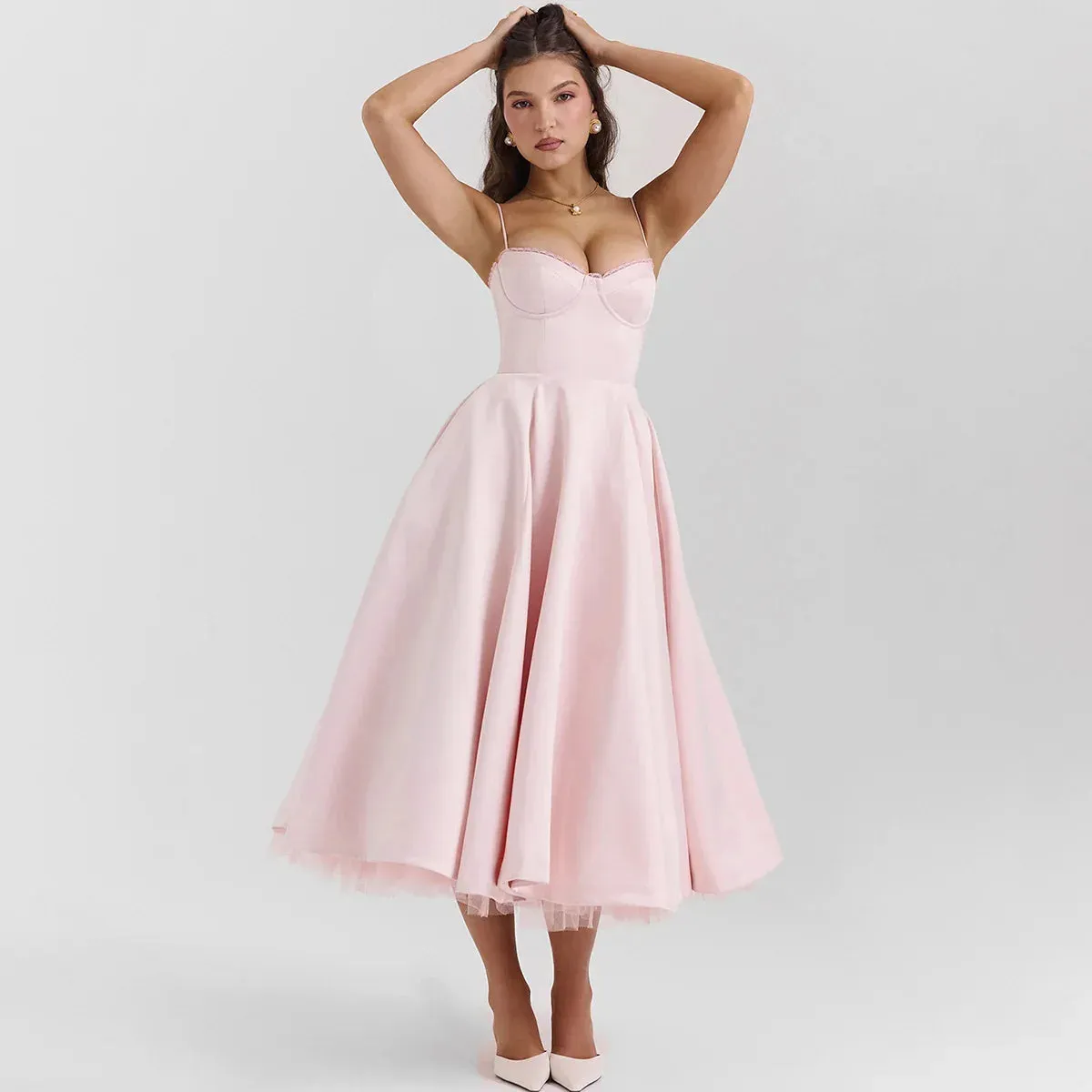 Solid Pink Spaghetti Strap Graceful Evening Gowns Midi Dress