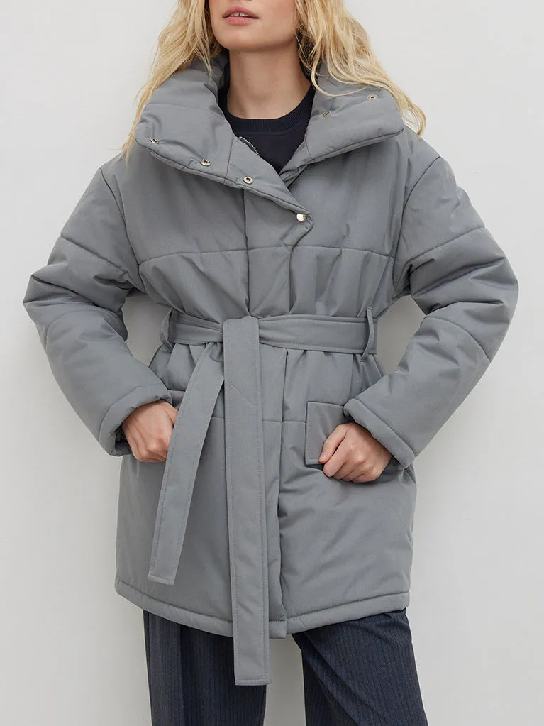 Stand Collar Tie Up Long Puffer Jacket