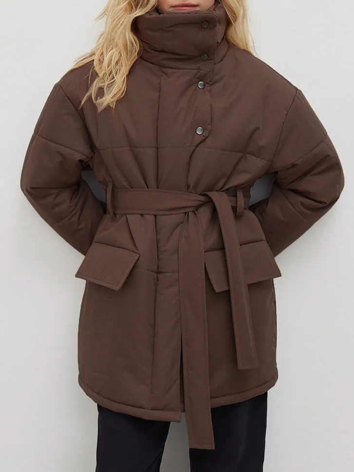 Stand Collar Tie Up Long Puffer Jacket