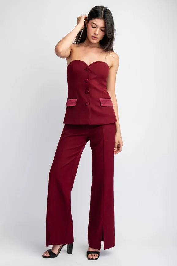 Sweetheart Woven Tailored Tube Top W Satin Contrast Burgundy