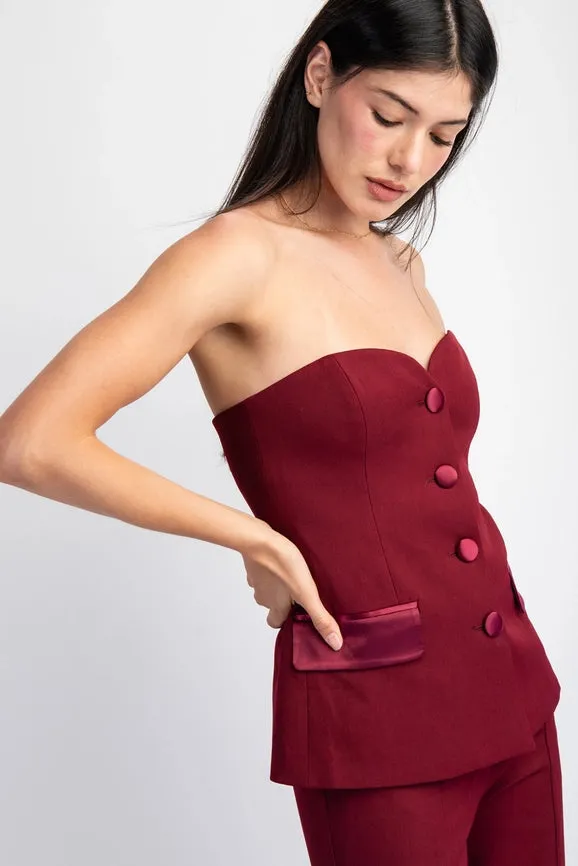 Sweetheart Woven Tailored Tube Top W Satin Contrast Burgundy