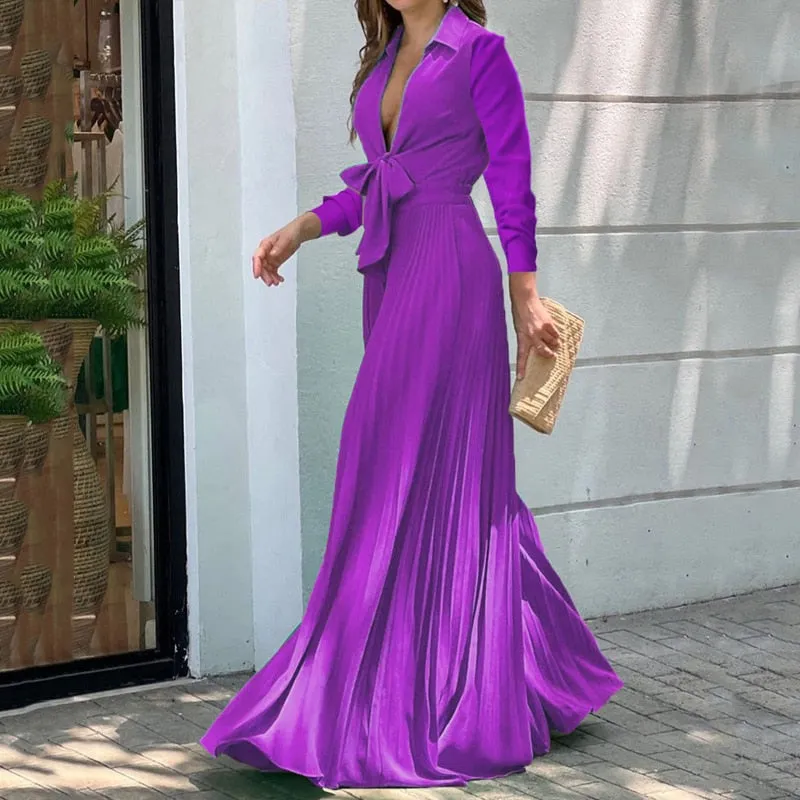 V Neck Long Sleeves Lapel Solid Jumpsuit