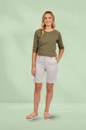 Vassalli Slim Leg Above Knee Shorts with Contrast Trim Khaki Stripe